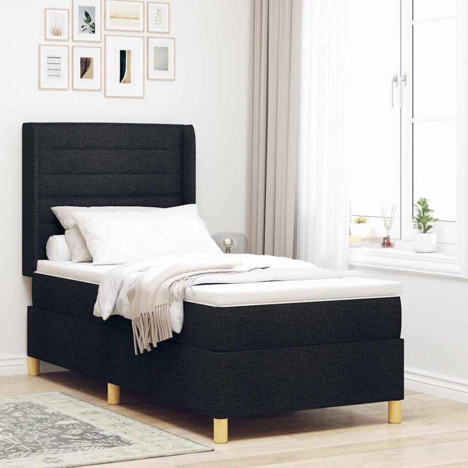 vidaXL Boxspringbed met LED-stripverlichting Zwart 90 x 200 cm Stof afbeelding 1