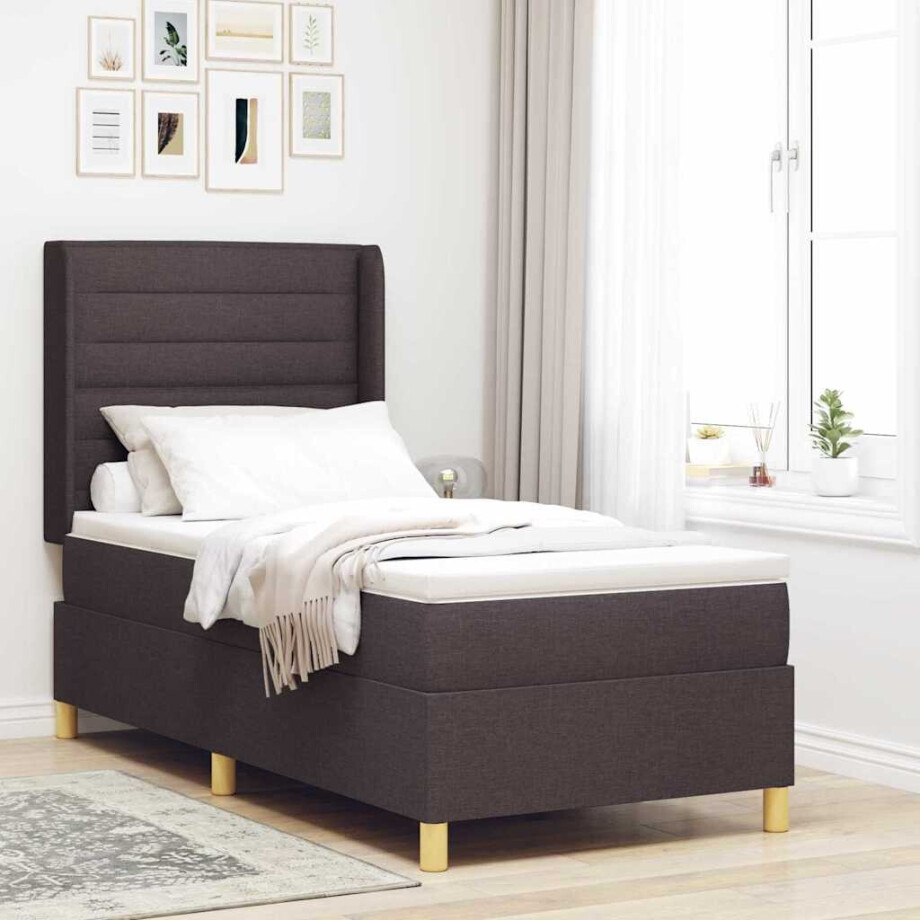 vidaXL Boxspringbed met LED-stripverlichting Bruin 90 x 200 cm Stof afbeelding 1