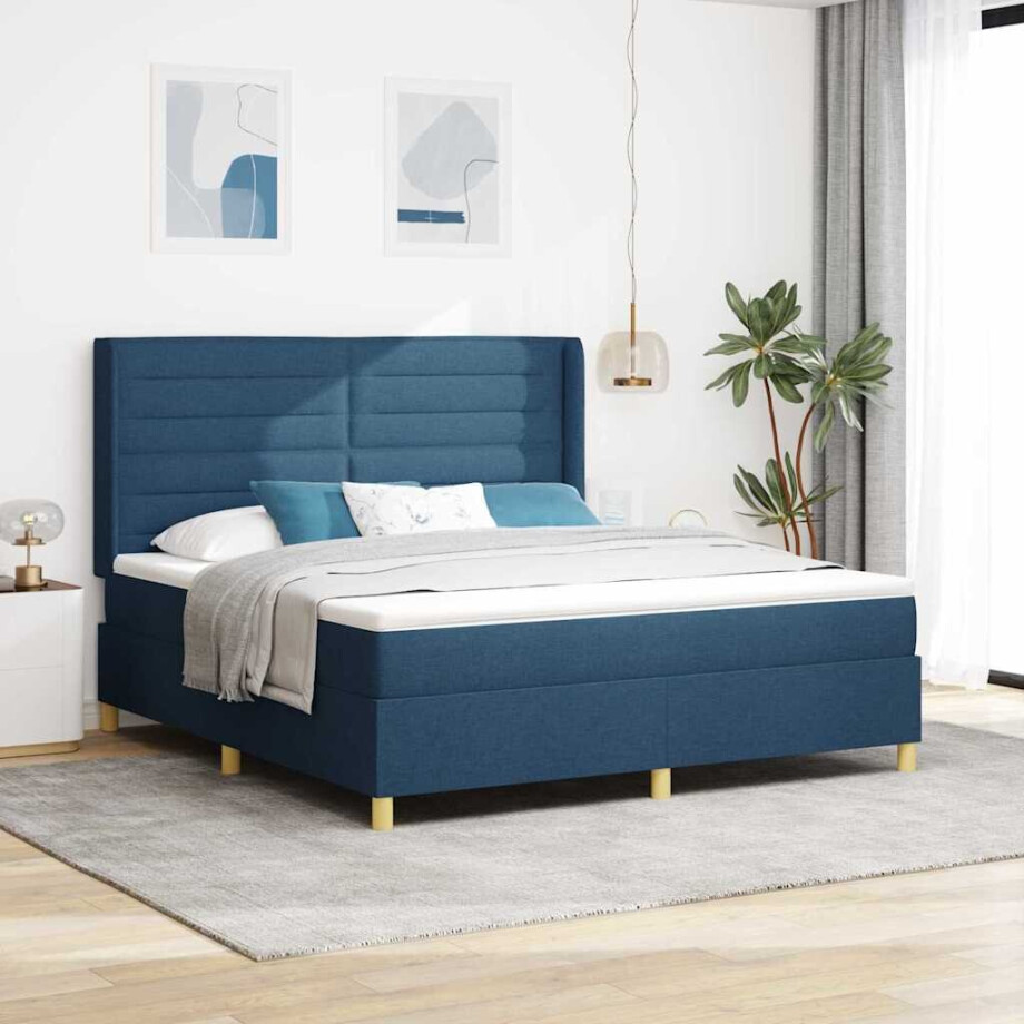 vidaXL Boxspringbed met LED-stripverlichting Blauw 180 x 200 cm Stof afbeelding 1