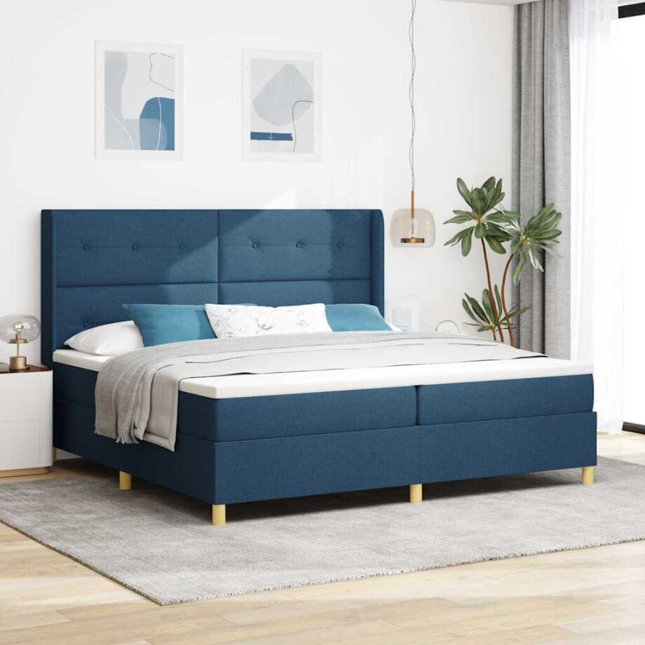 vidaXL Boxspringbed met LED-stripverlichting Blauw 200 x 200 cm Stof afbeelding 1