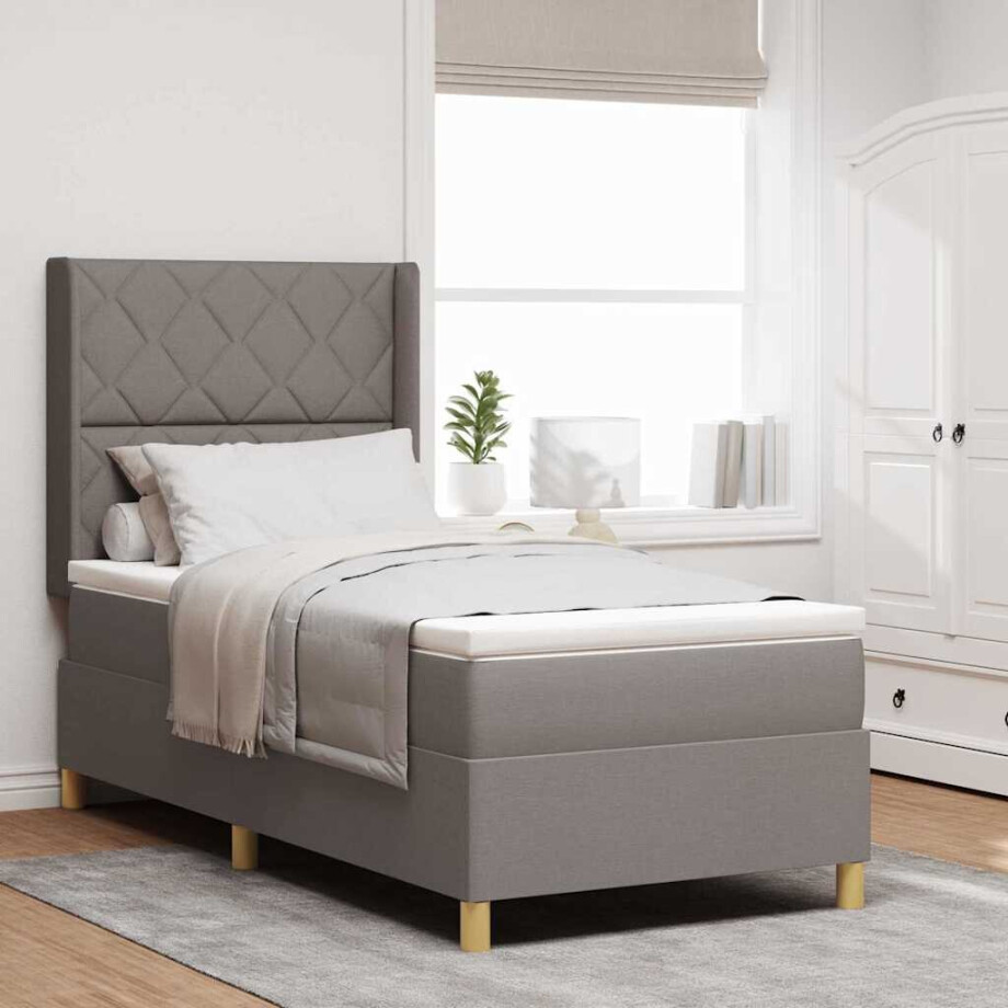 vidaXL Boxspringbed met LED-stripverlichting Taupe 90 x 190 cm Stof afbeelding 1