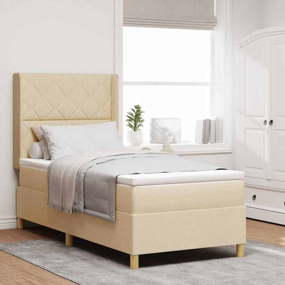 vidaXL Boxspringbed met LED-stripverlichting Crème 90 x 190 cm Stof vidaXL Boxspringbed met LED-stripverlichting Crème 90 x 190 cm Stof afbeelding 1