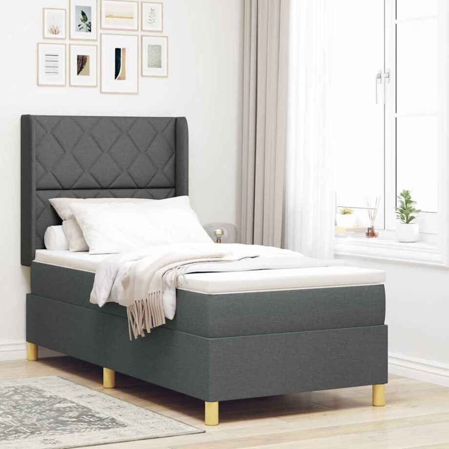 vidaXL Boxspringbed met LED-stripverlichting Grijs 90 x 200 cm Stof afbeelding 1