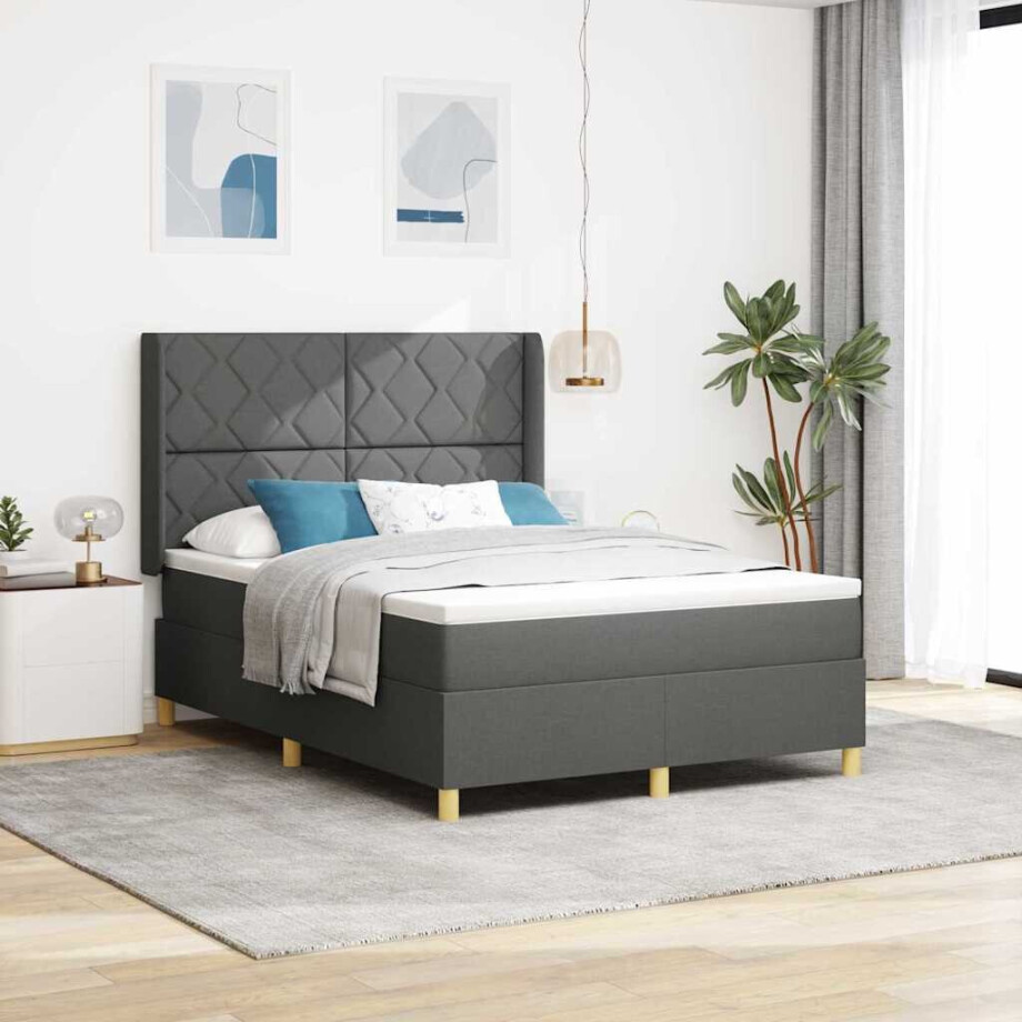 vidaXL Boxspringbed met LED-stripverlichting Grijs 140 x 190 cm Stof afbeelding 1