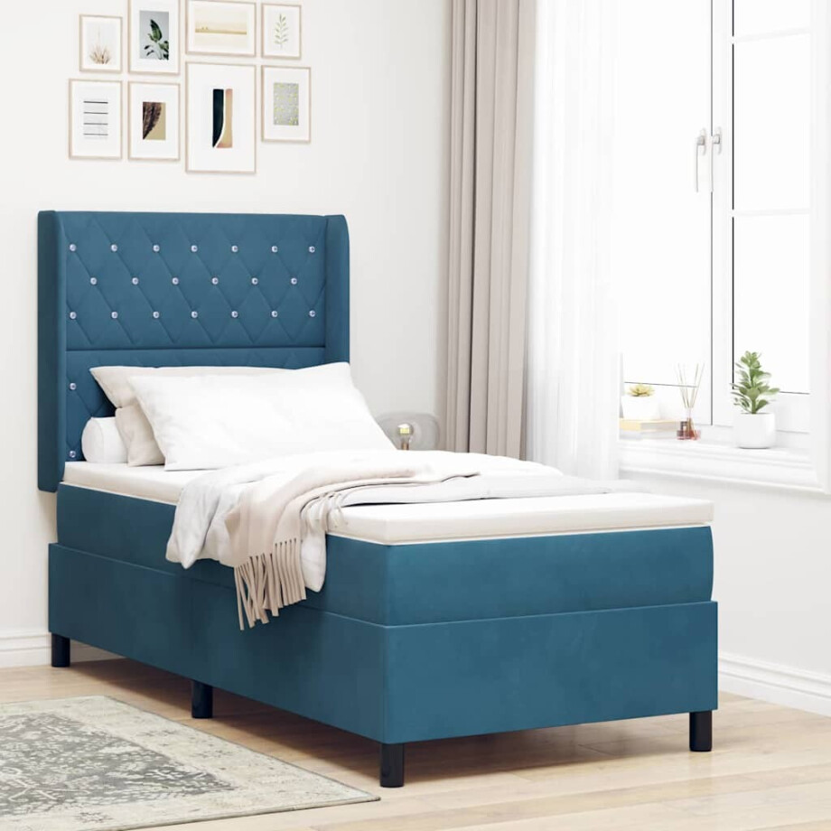 vidaXL Boxspringbed met matras met LED Blauw 100 x 200 cm Fluweel afbeelding 1