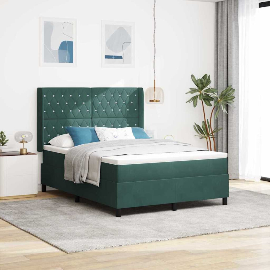 vidaXL Boxspringbed met hoofdeinde Donkergroen 140 x 200 cm Fluweel vidaXL Boxspringbed met hoofdeinde Donkergroen 140 x 200 cm Fluweel afbeelding 1