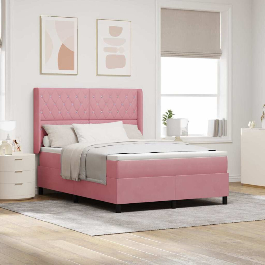 vidaXL Boxspringbed met LED-striplichten Roze 140 x 200 cm Fluweel vidaXL Boxspringbed met LED-striplichten Roze 140 x 200 cm Fluweel afbeelding 1