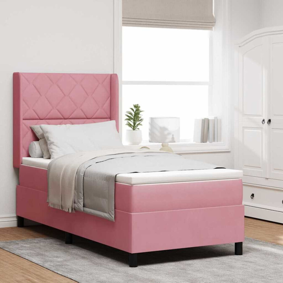 vidaXL LED Boxspring Bed met Matras Roze 100 x 200 cm Fluweel afbeelding 1
