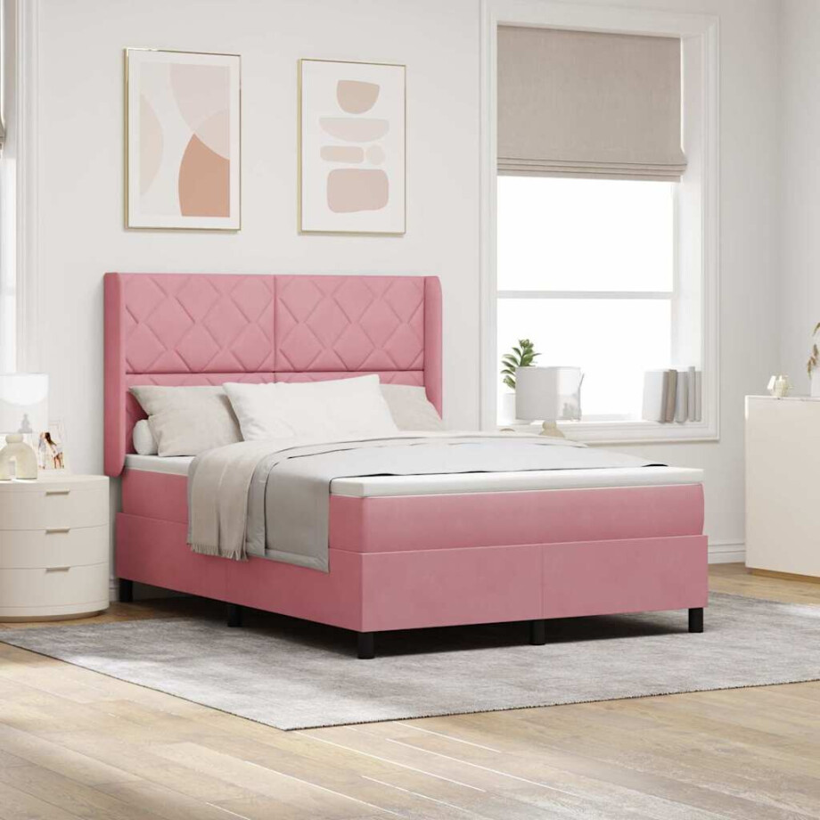 vidaXL Boxspringbed met LED-stripverlichting Roze 140 x 200 cm Fluweel afbeelding 1
