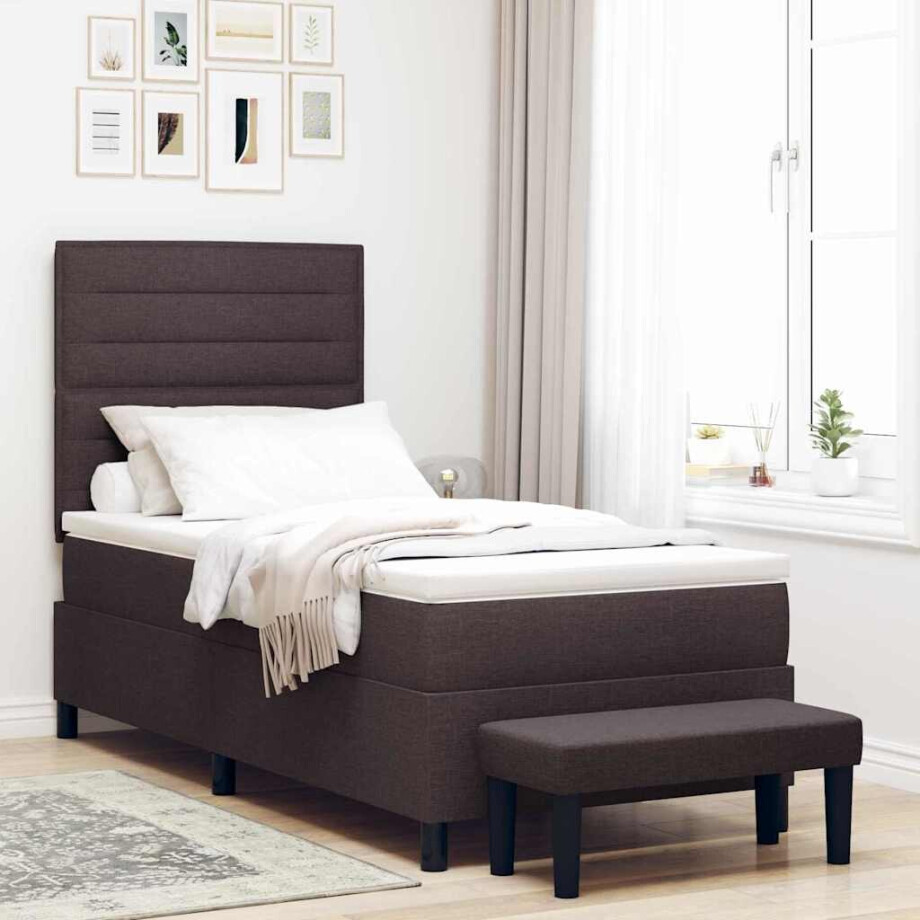 vidaXL Boxspringbed met hoofdeinde Donkerbruin 90 x 200 cm Stof afbeelding 1