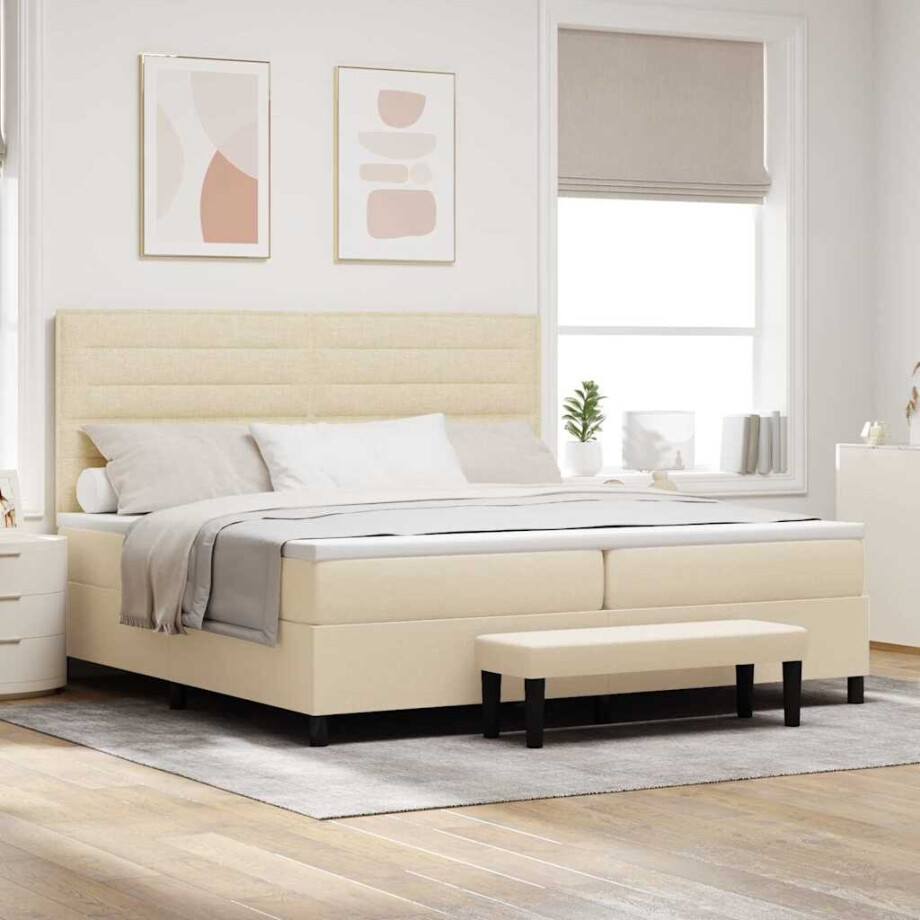 vidaXL Boxspringbed met matras met hoofdeinde Crème 200 x 200 cm Stof afbeelding 1