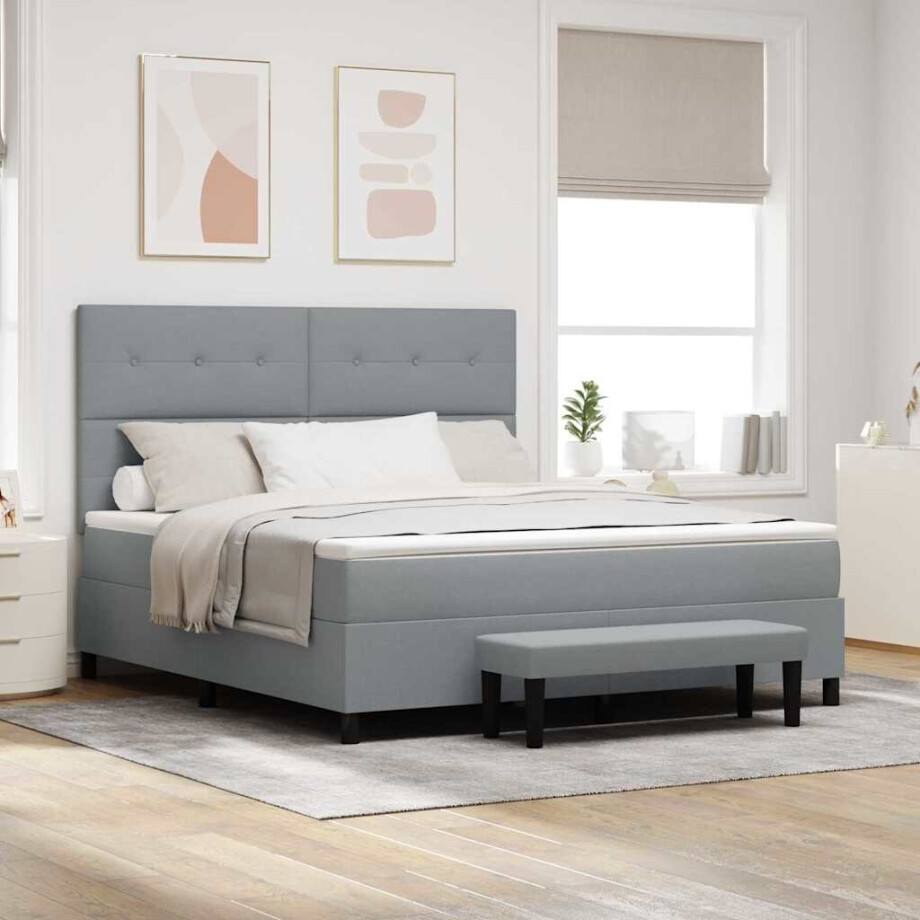 vidaXL Boxspringbed met hoofdeinde Lichtgrijs 180 x 200 cm Stof afbeelding 1