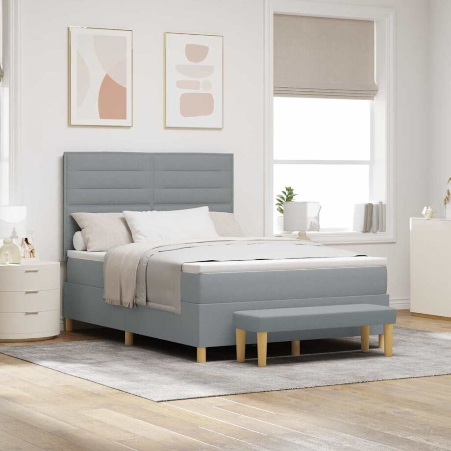 vidaXL Boxspring bed met kussen Lichtgrijs 200 x 140 cm Stof vidaXL Boxspring bed met kussen Lichtgrijs 200 x 140 cm Stof afbeelding 1