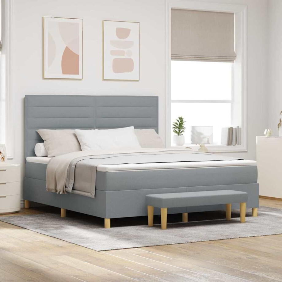 vidaXL Boxspring bed met hoofdeinde Lichtgrijs 200 x 180 cm Stof afbeelding 1