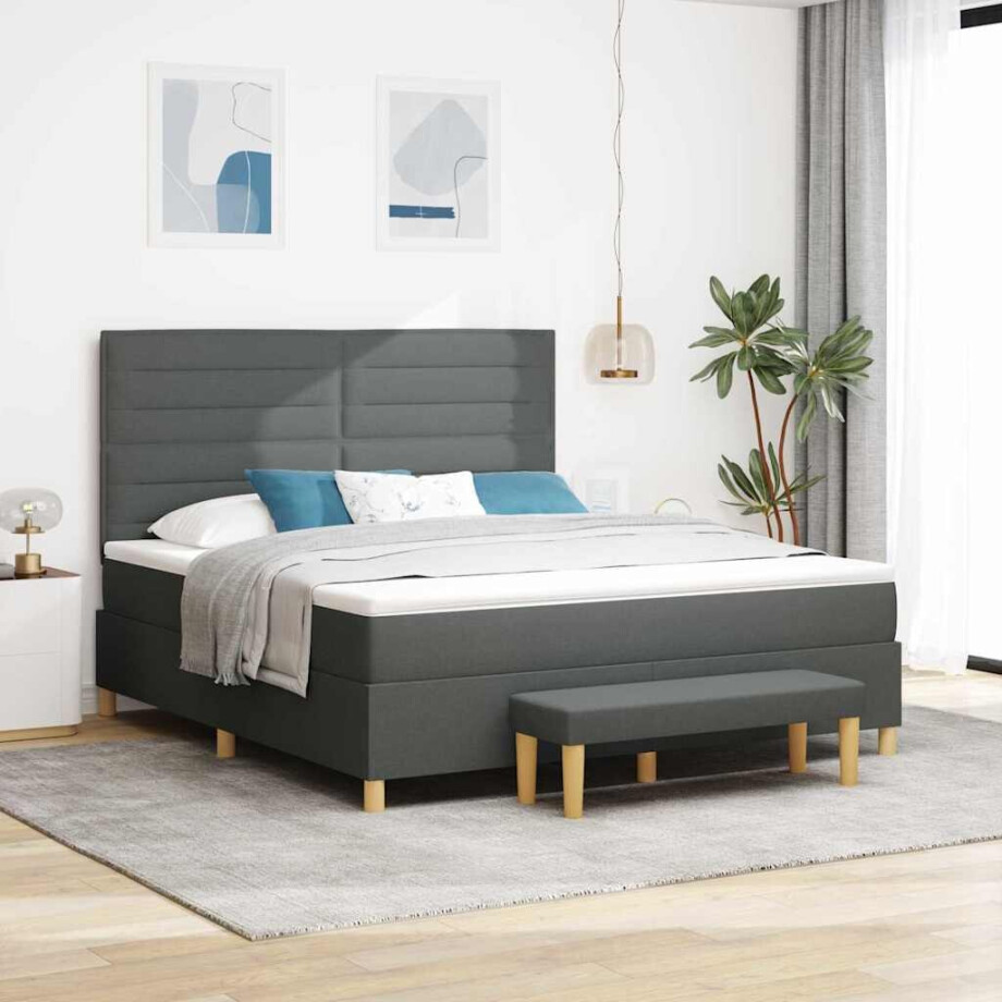 vidaXL Boxspring bed met hoofdeinde Donkergrijs 200 x 180 cm Stof afbeelding 1