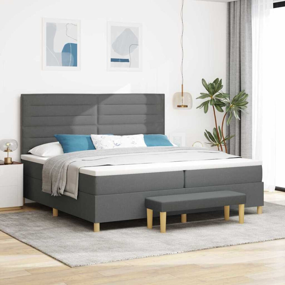 vidaXL Boxspring bed met matras Donkergrijs 200 x 200 cm Stof afbeelding 1