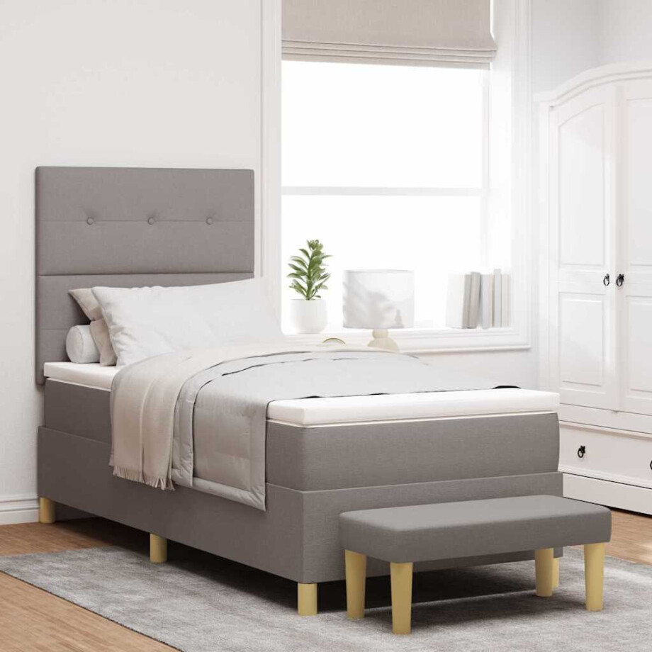 vidaXL Boxspring bed met kussen met hoofdeinde Taupe 200 x 90 cm Stof afbeelding 1
