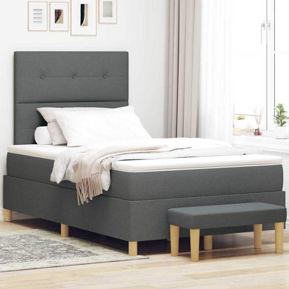 vidaXL Boxspring bed met hoofdeinde Donkergrijs 200 x 120 cm Stof afbeelding 1