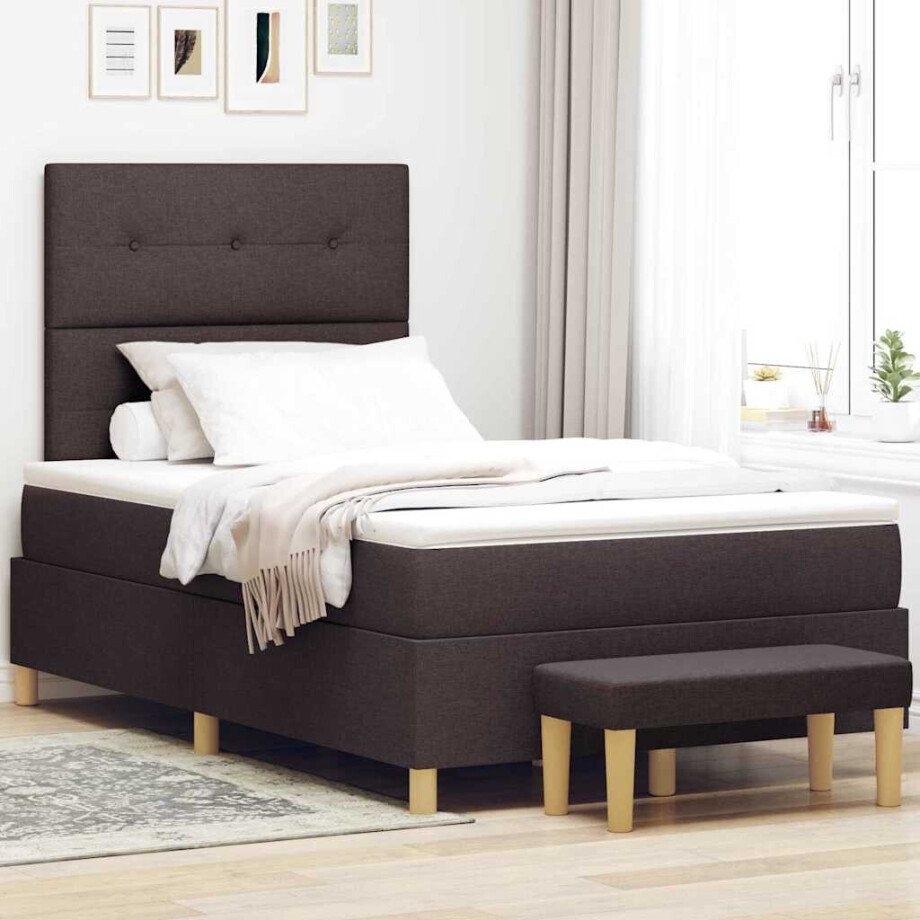 vidaXL Boxspring bed met hoofdeinde Donkerbruin 200 x 120 cm Stof afbeelding 1