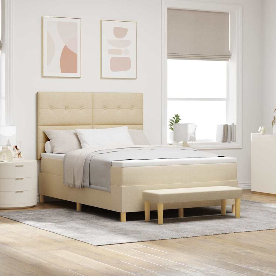 vidaXL Boxspring bed met matras met hoofdeinde Crème 140 x 190 cm Stof afbeelding 1