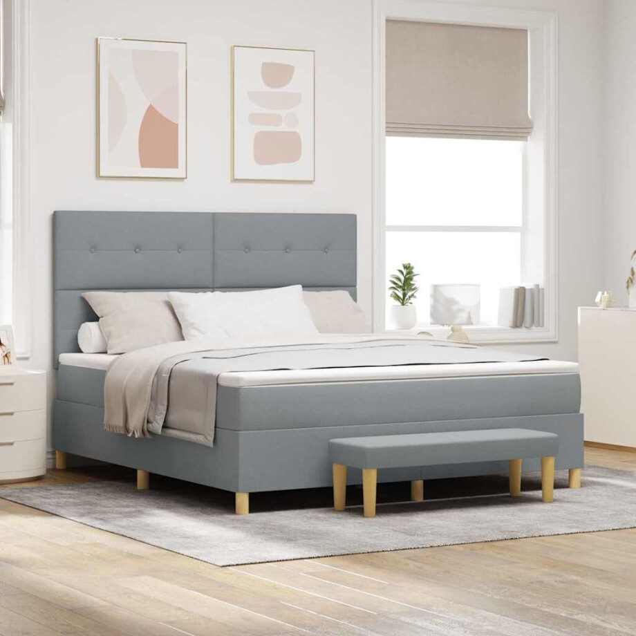 vidaXL Boxspring bed met hoofdeinde Lichtgrijs 200 x 180 cm Stof afbeelding 1