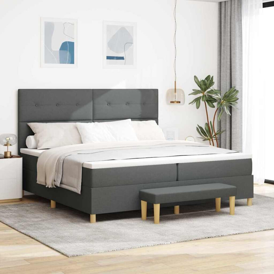 vidaXL Boxspring bed met hoofdeinde Donkergrijs 200 x 200 cm Stof vidaXL Boxspring bed met hoofdeinde Donkergrijs 200 x 200 cm Stof afbeelding 1