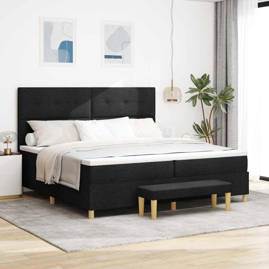 vidaXL Boxspring bed met hoofdeinde Zwart 200 x 200 cm Stof afbeelding 1