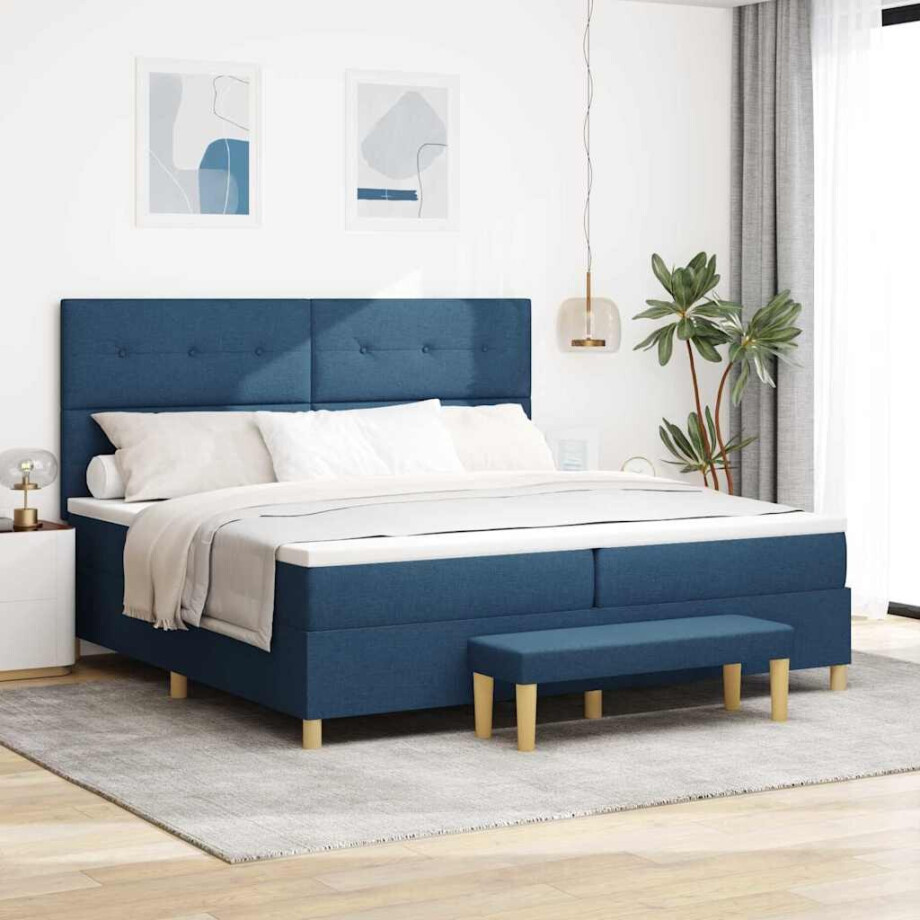 vidaXL Boxspring bed met matras met hoofdeinde Blauw 200 x 200 cm Stof afbeelding 1