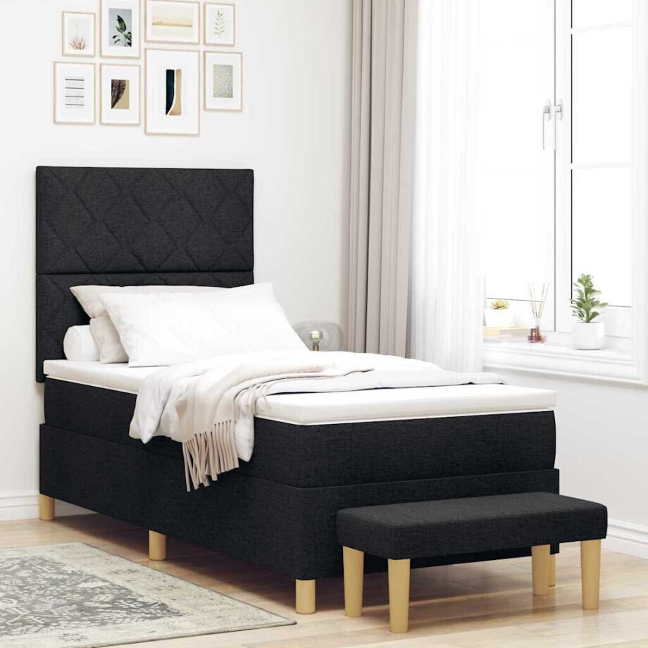 vidaXL Boxspring bed met kussen met hoofdeinde Zwart 200 x 90 cm Stof afbeelding 1