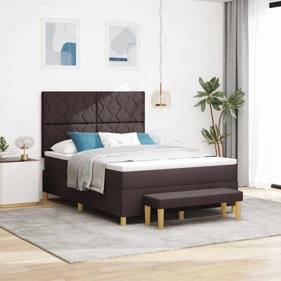 vidaXL Boxspring bed met hoofdeinde Donkerbruin 190 x 140 cm Stof afbeelding 1