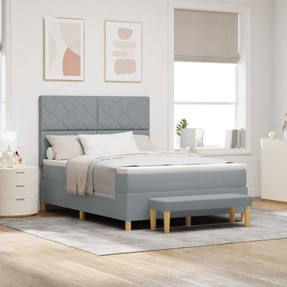 vidaXL Boxspring bed met kussen Lichtgrijs 200 x 140 cm Stof vidaXL Boxspring bed met kussen Lichtgrijs 200 x 140 cm Stof afbeelding 1