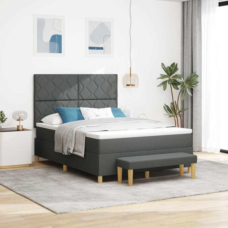 vidaXL Boxspring bed met hoofdeinde Donkergrijs 200 x 140 cm Stof vidaXL Boxspring bed met hoofdeinde Donkergrijs 200 x 140 cm Stof afbeelding 1