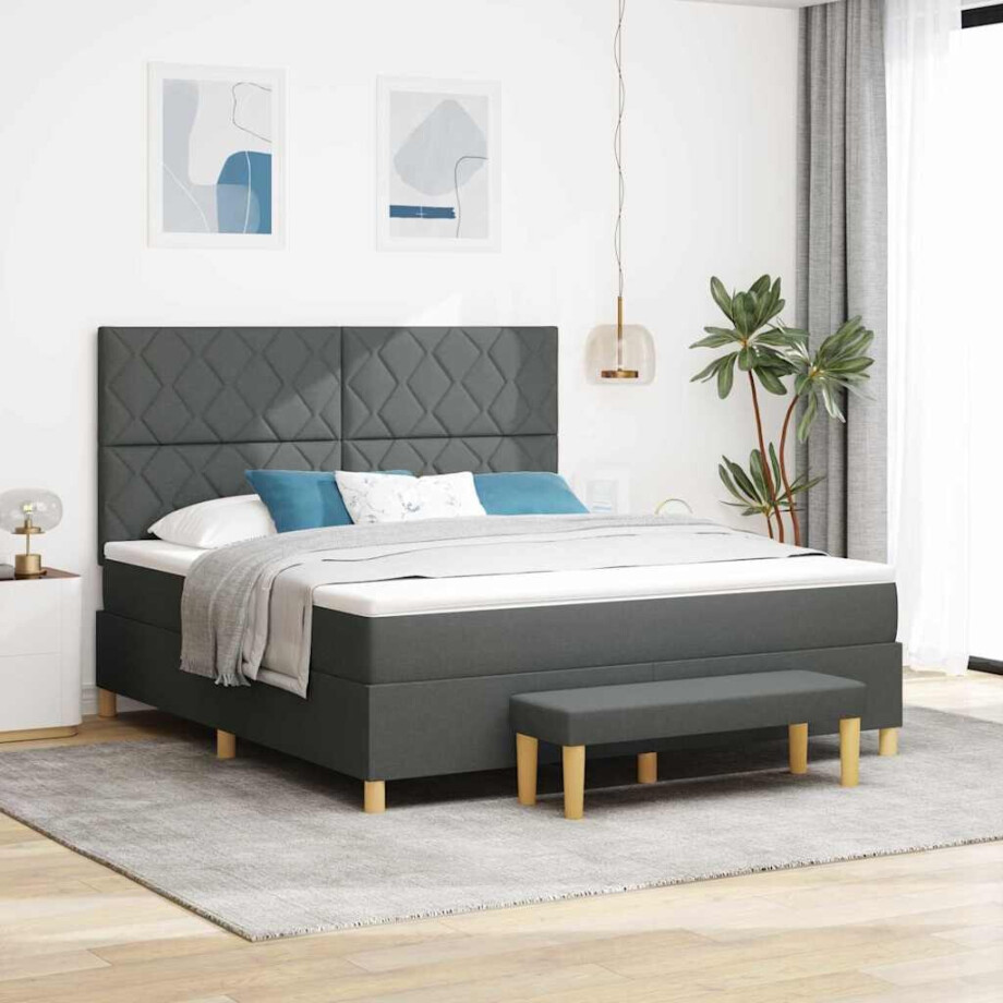 vidaXL Boxspring bed met kussen Donkergrijs 200 x 180 cm Stof vidaXL Boxspring bed met kussen Donkergrijs 200 x 180 cm Stof afbeelding 1