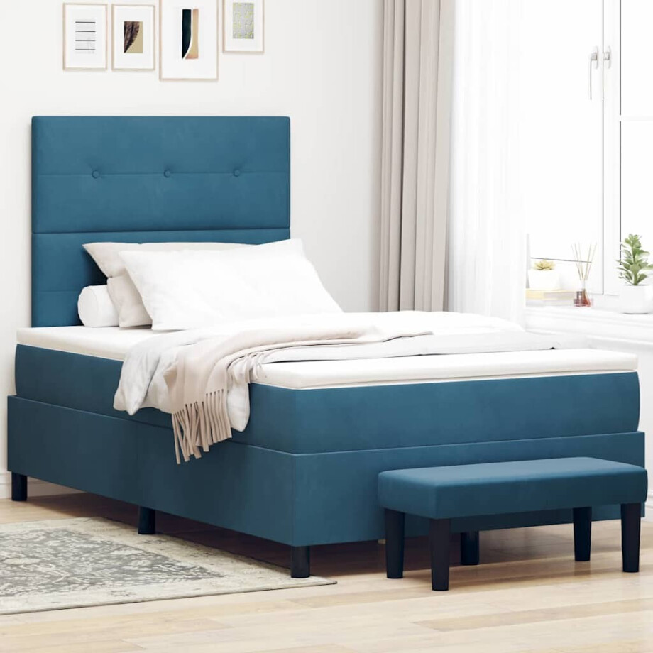 vidaXL Boxspring bed met hoofdeinde Donkerblauw 200 x 120 cm Fluweel afbeelding 1