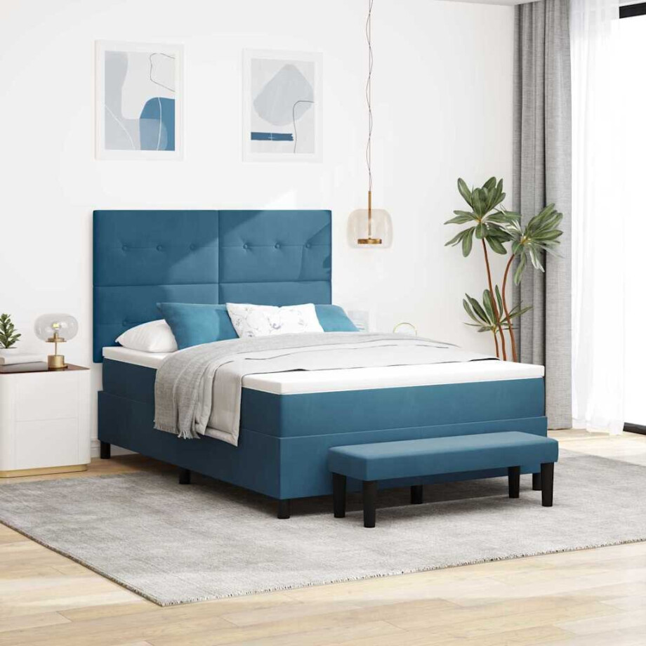 vidaXL Boxspring bed met matras Donkerblauw 140 x 200 cm Fluweel afbeelding 1