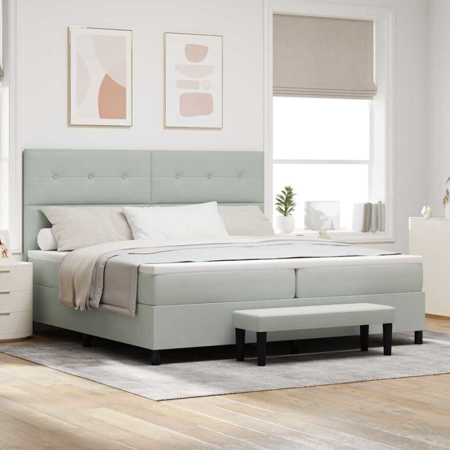vidaXL Boxspring bed met matras Lichtgrijs 200 x 200 cm Fluweel afbeelding 1