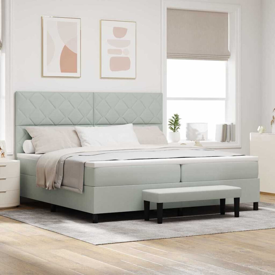 vidaXL Boxspring bed met hoofdeinde Lichtgrijs 200 x 200 cm Fluweel afbeelding 1