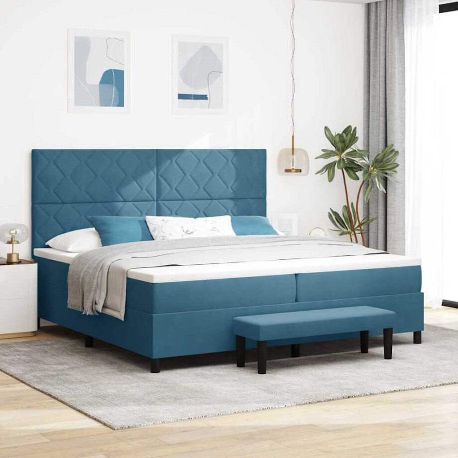 vidaXL Boxspring bed met matras Donkerblauw 200 x 200 cm Fluweel afbeelding 1