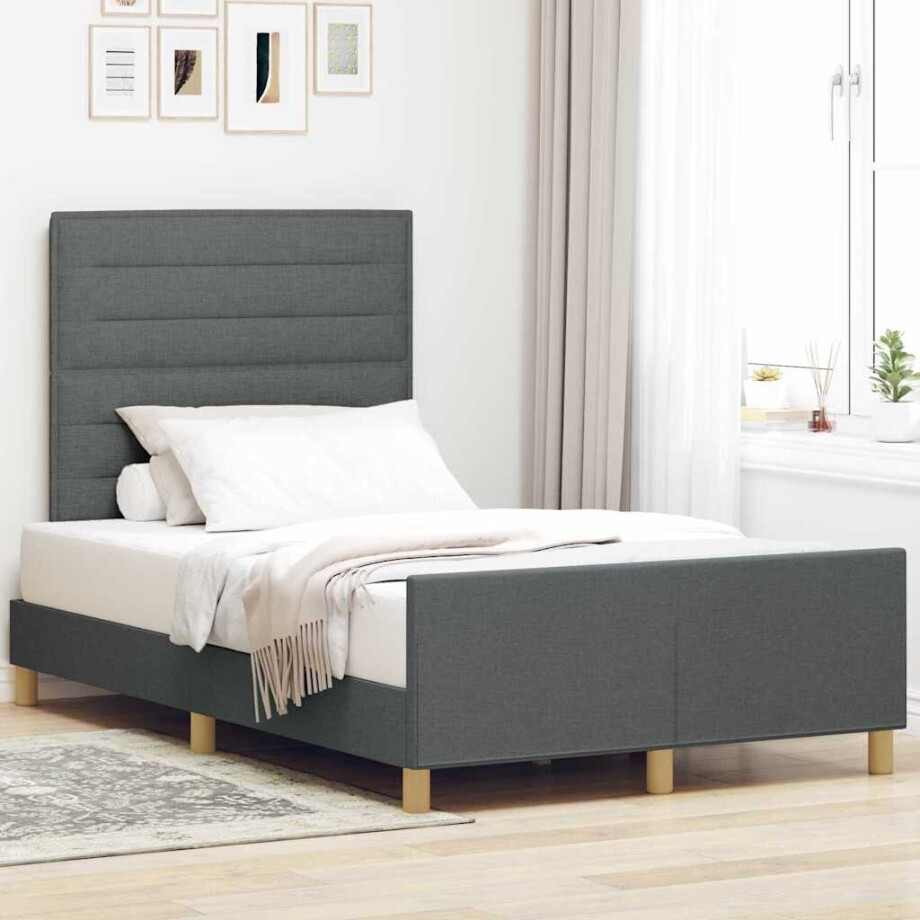 vidaXL Bedframe met hoofdeinde Donkergrijs 120 x 190 cm Stof afbeelding 1