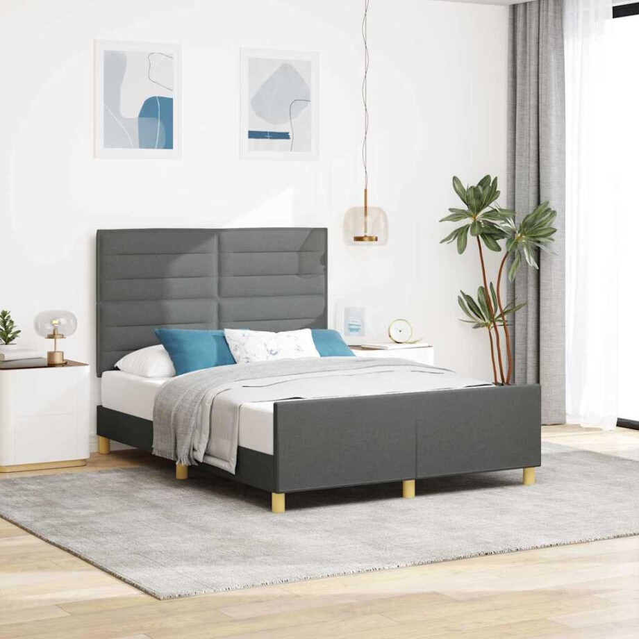 vidaXL Bedframe met hoofdeinde Donkergrijs 160 x 200 cm Stof afbeelding 1
