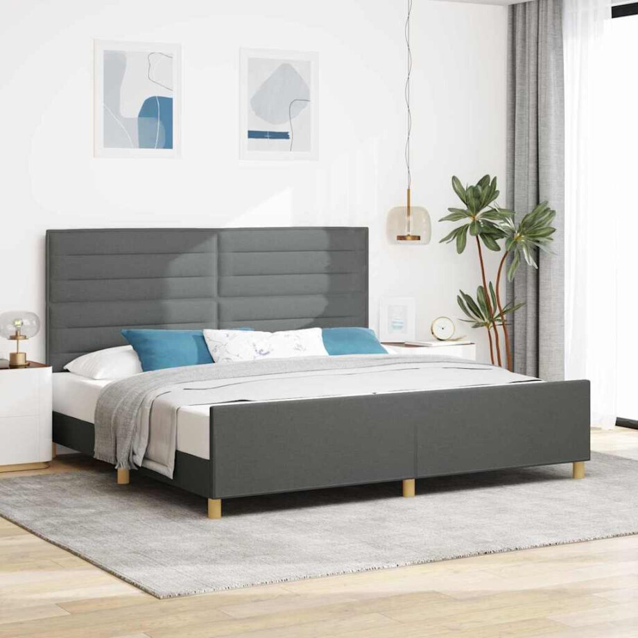 vidaXL Bedframe met hoofdeinde Donkergrijs 200 x 200 cm Stof afbeelding 1