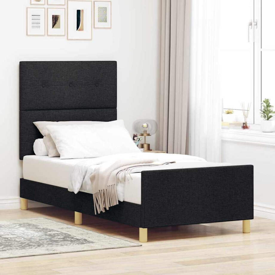 vidaXL Bedframe met hoofdeinde Zwart 90 x 200 cm Stof afbeelding 1