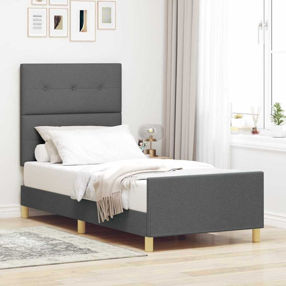 vidaXL Bedframe met hoofdeinde Donkergrijs 100 x 200 cm Stof afbeelding 1