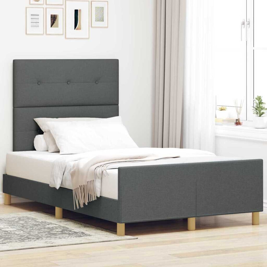 vidaXL Bedframe met hoofdeinde Donkergrijs 120 x 190 cm Stof afbeelding 1