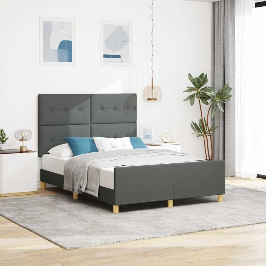 vidaXL Bedframe met hoofdeinde Donkergrijs 140 x 200 cm Stof afbeelding 1