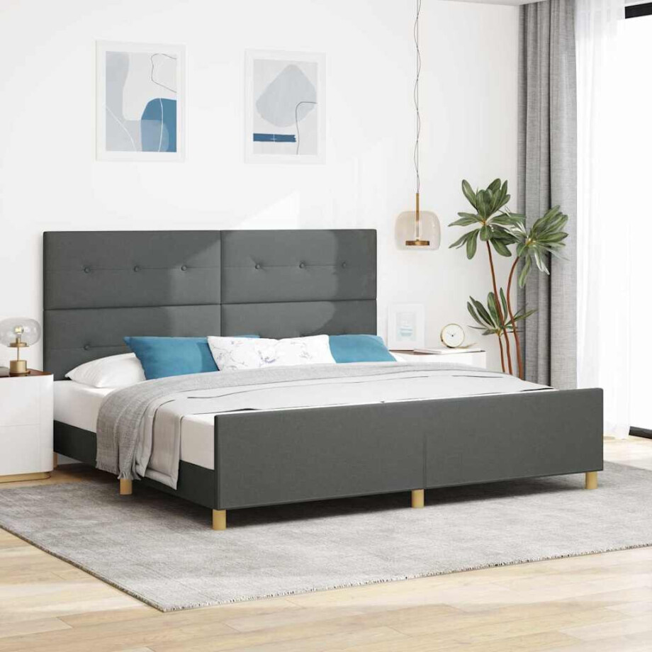 vidaXL Bedframe met hoofdeinde Donkergrijs 200 x 200 cm Stof vidaXL Bedframe met hoofdeinde Donkergrijs 200 x 200 cm Stof afbeelding 1