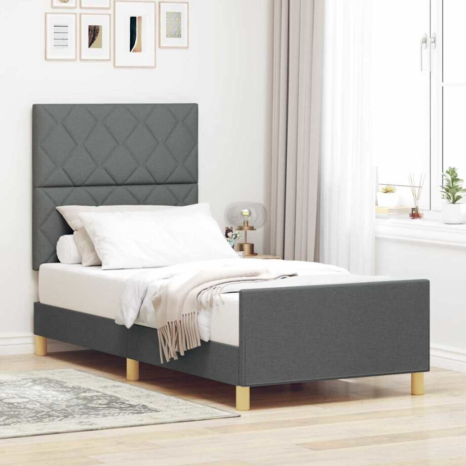 vidaXL Bedframe met hoofdeinde Donkergrijs 90 x 190 cm Stof afbeelding 1