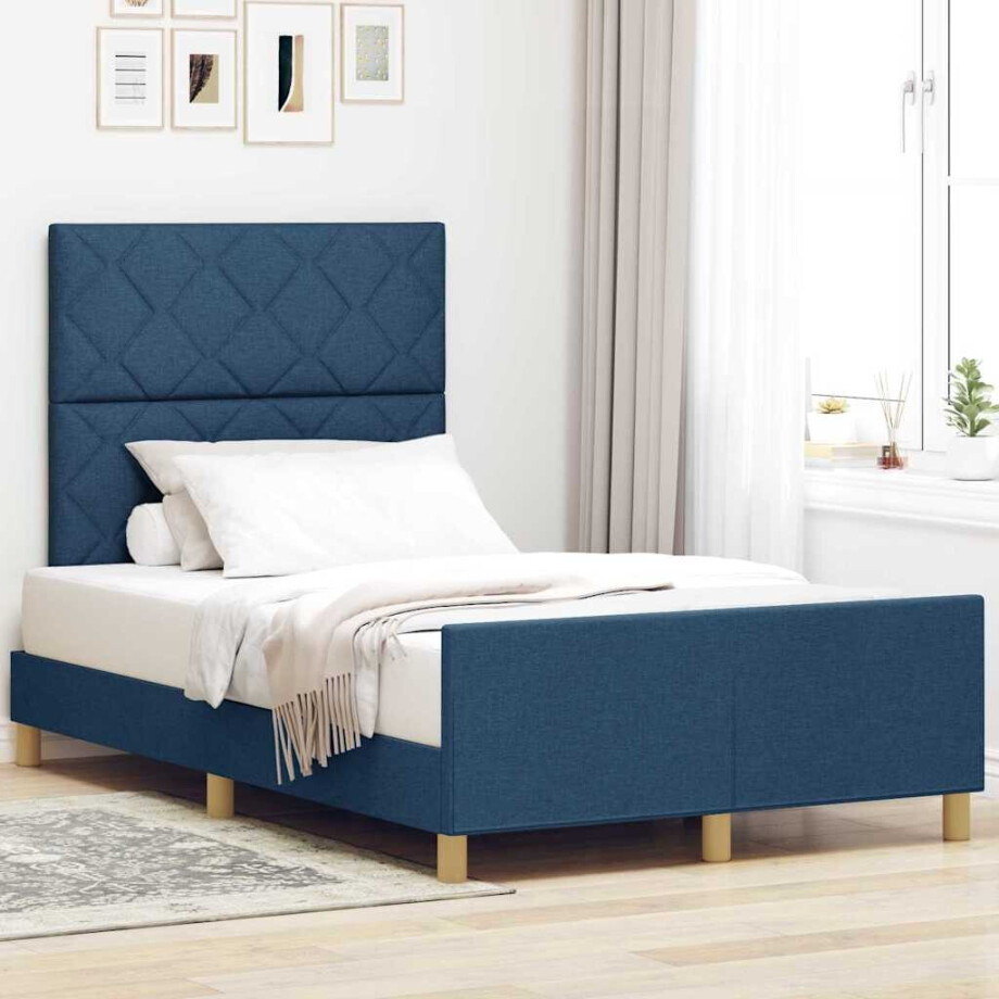 vidaXL Bedframe met hoofdeinde Blauw 120 x 190 cm Stof afbeelding 1