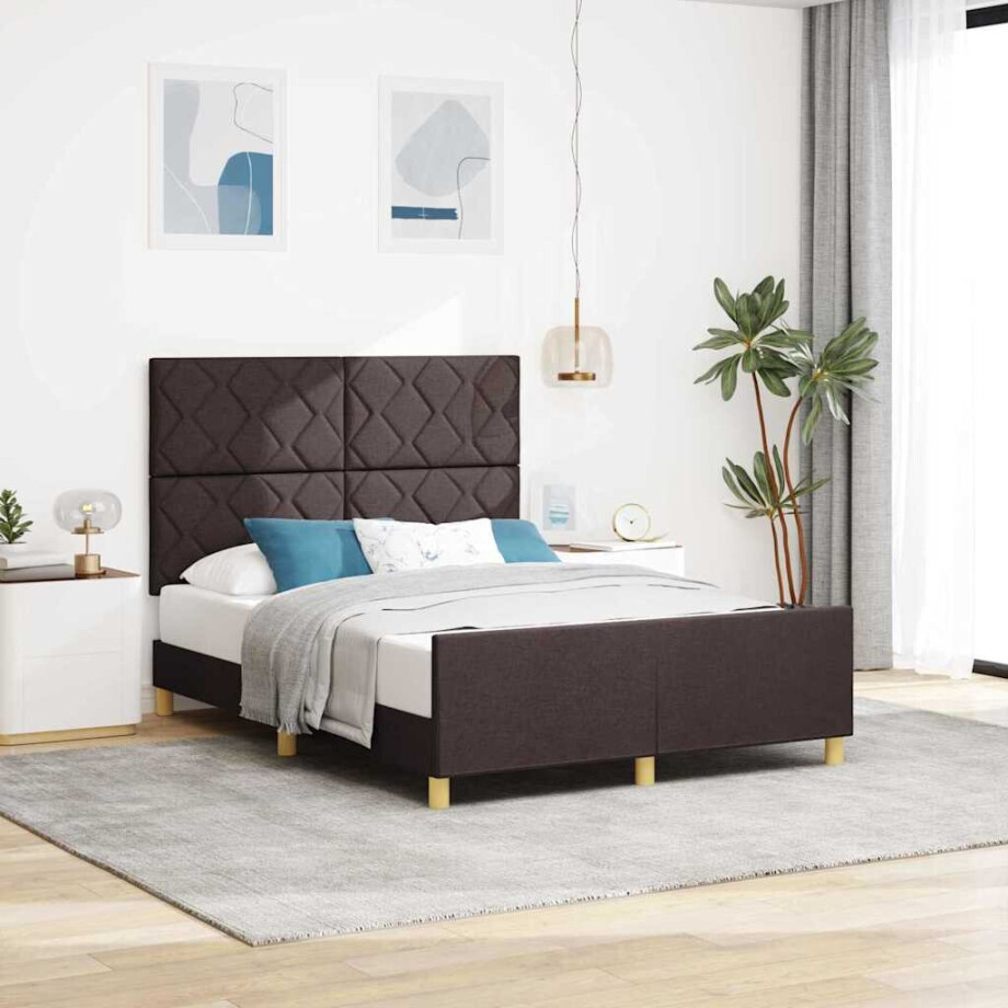 vidaXL Bedframe met hoofdeinde Donkerbruin 140 x 190 cm Stof afbeelding 1