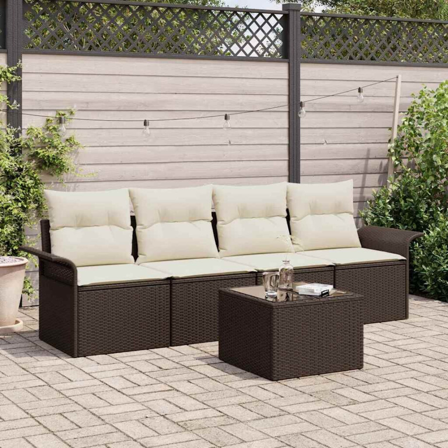 vidaXL Tuin Sofa Set met kussen 5 pcs Bruin en Crème poly rattan vidaXL Tuin Sofa Set met kussen 5 pcs Bruin en Crème poly rattan afbeelding 1